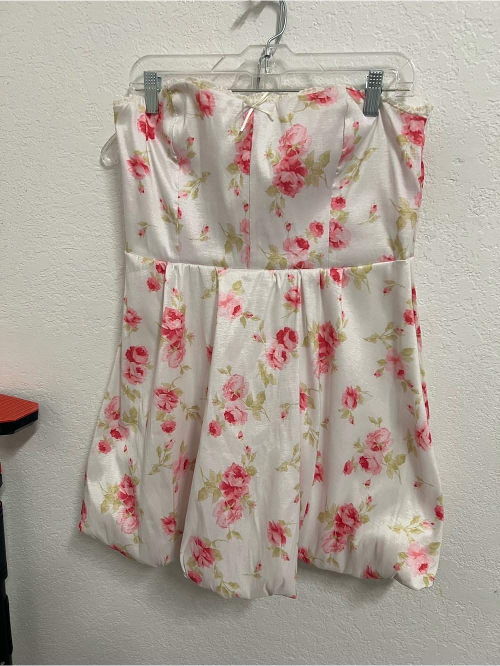Strapless White Floral dress balloon hem with Pink Rose Print